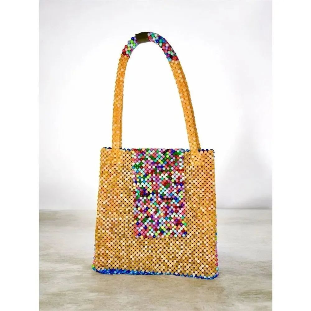 African Craftmanship Handmade Beaded Yellow Blue Multicolor Tote Bag OS NEW